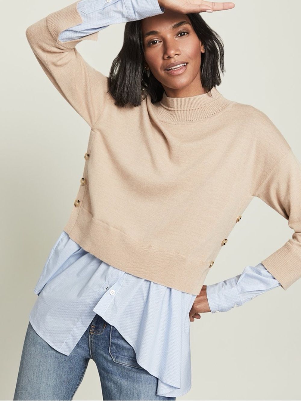 Veronica Beard Beri Poplin Layered Wool Knit Sweater Top Sz L